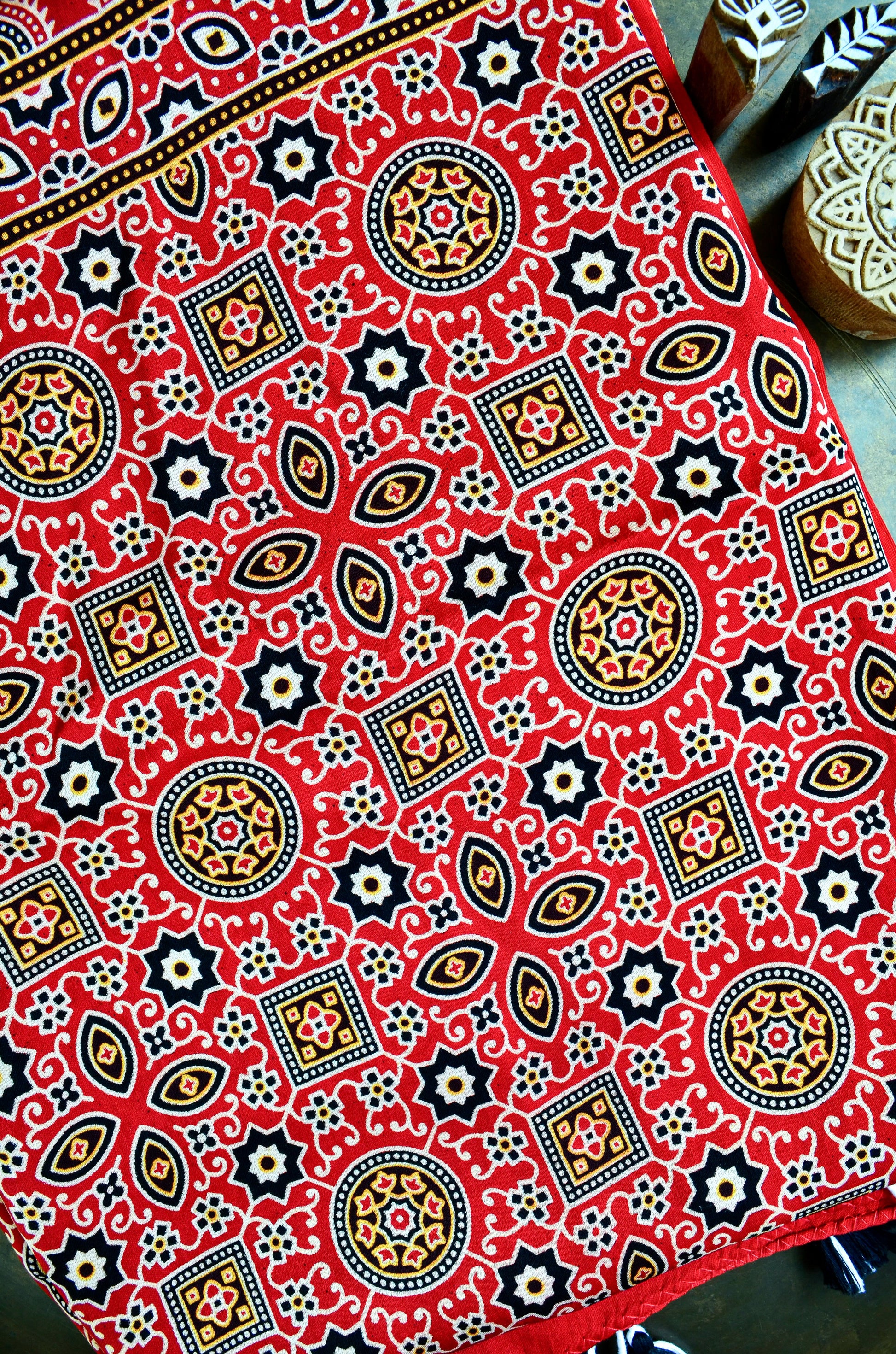 Deep red hand block printed dupatta featuring intricate patterns and bold designs