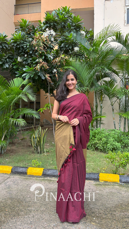 Elegant handspun maroon cotton saree from Pinaachi featuring a contrasting border