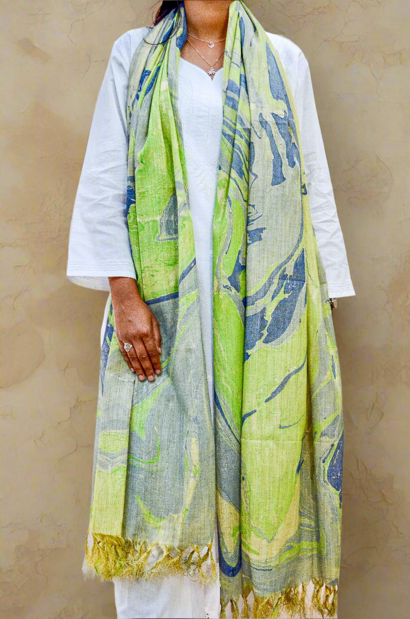 Handwoven cotton marble print dupatta in green and blue, perfect for casual and festive wear.