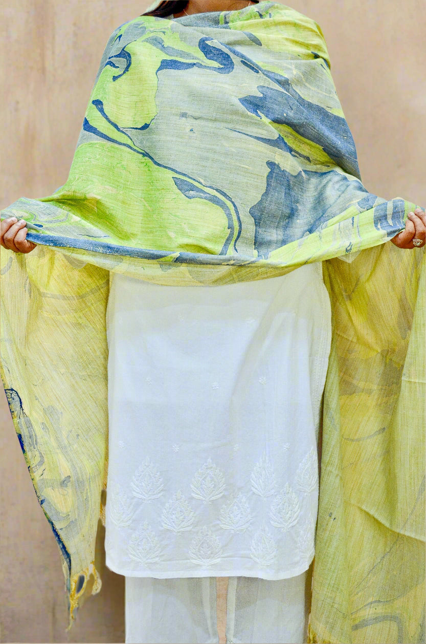 Handwoven cotton marble print dupatta in vibrant hues draped elegantly for a stylish look