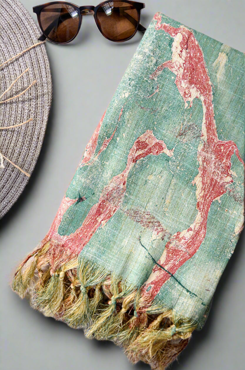 Handwoven cotton marble printed dupatta in turquoise and coral colors with tassels and accessories