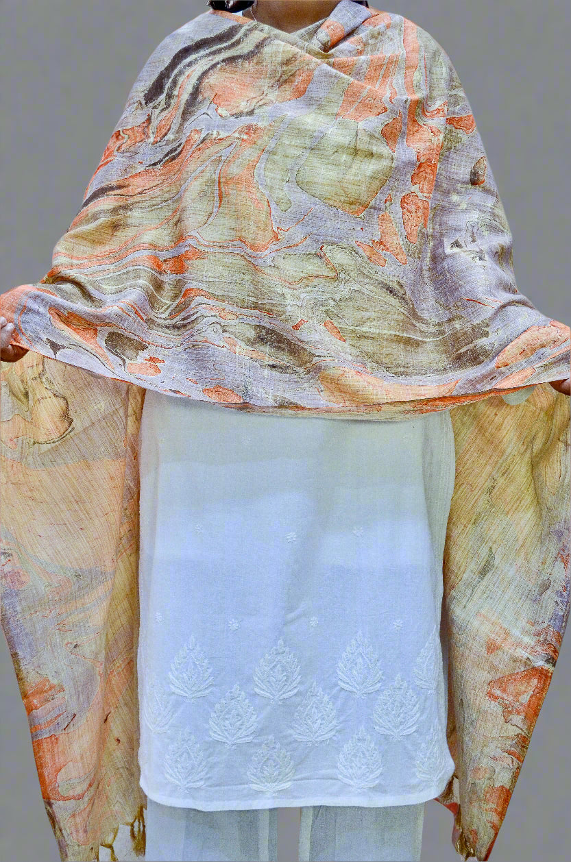 Handwoven cotton marble printed dupatta in orange and beige hues for stylish ethnic wear
