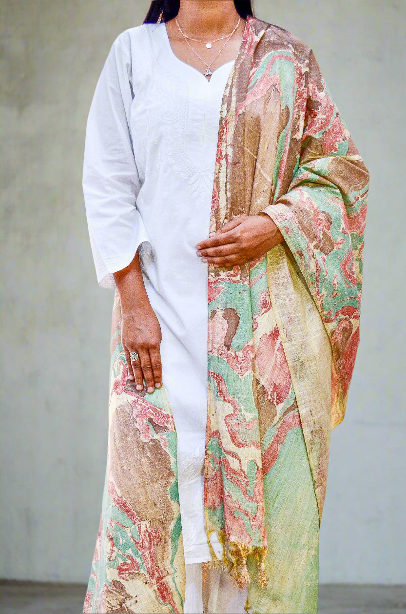 Elegant handwoven cotton marble printed dupatta draped over a white kurta for stylish versatility