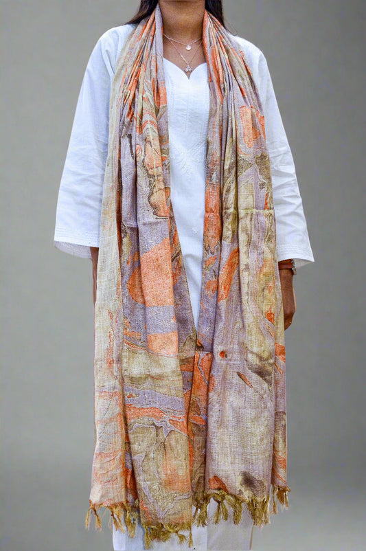 Elegant handwoven cotton marble printed dupatta with intricate designs and tassels, perfect for any occasion