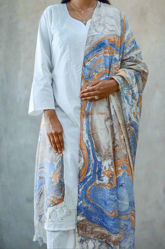 Elegant handwoven cotton silk dupatta in blue and orange tones perfect for traditional outfits