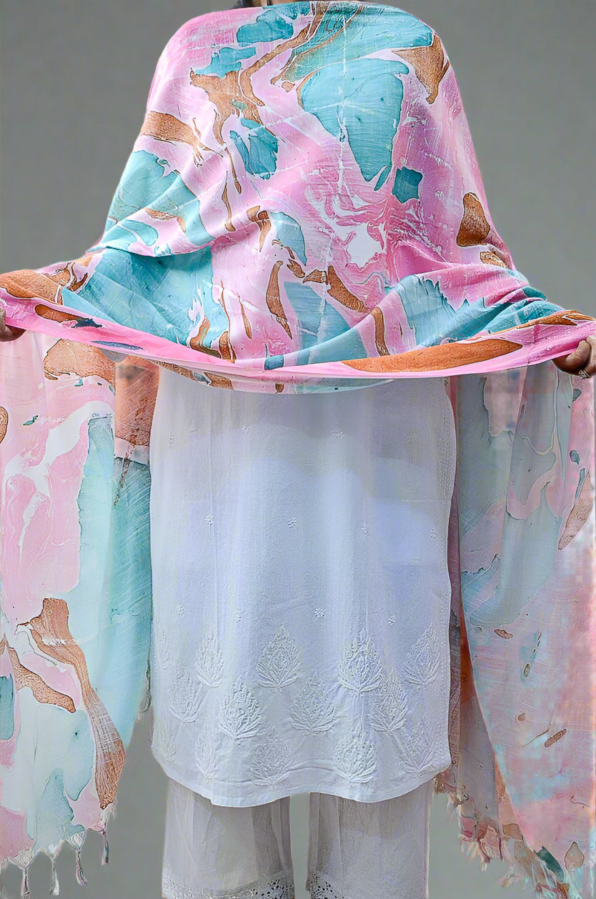 Stylish handwoven cotton silk dupatta in pastel pink and blue with artistic patterns for versatile styling