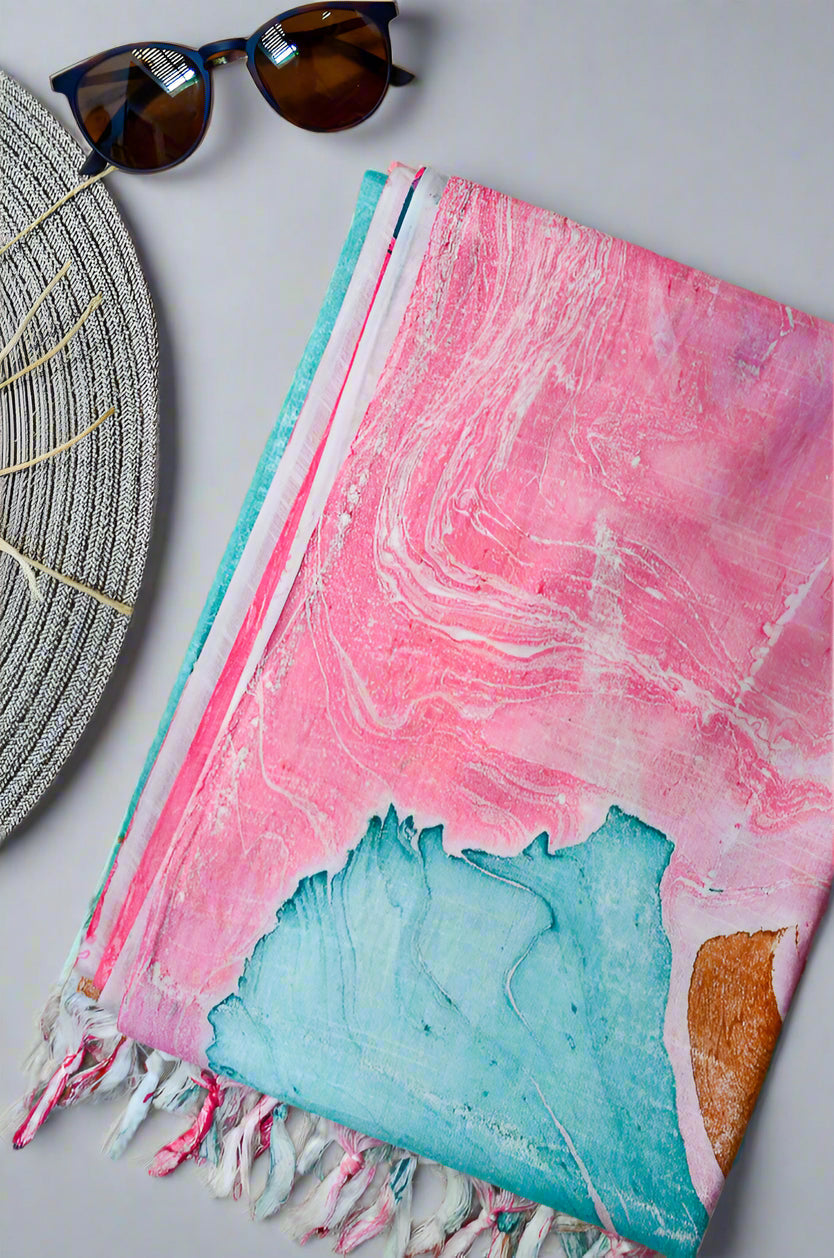 Handwoven cotton silk dupatta in pastel pink and blue with fringed edges for stylish accessorizing