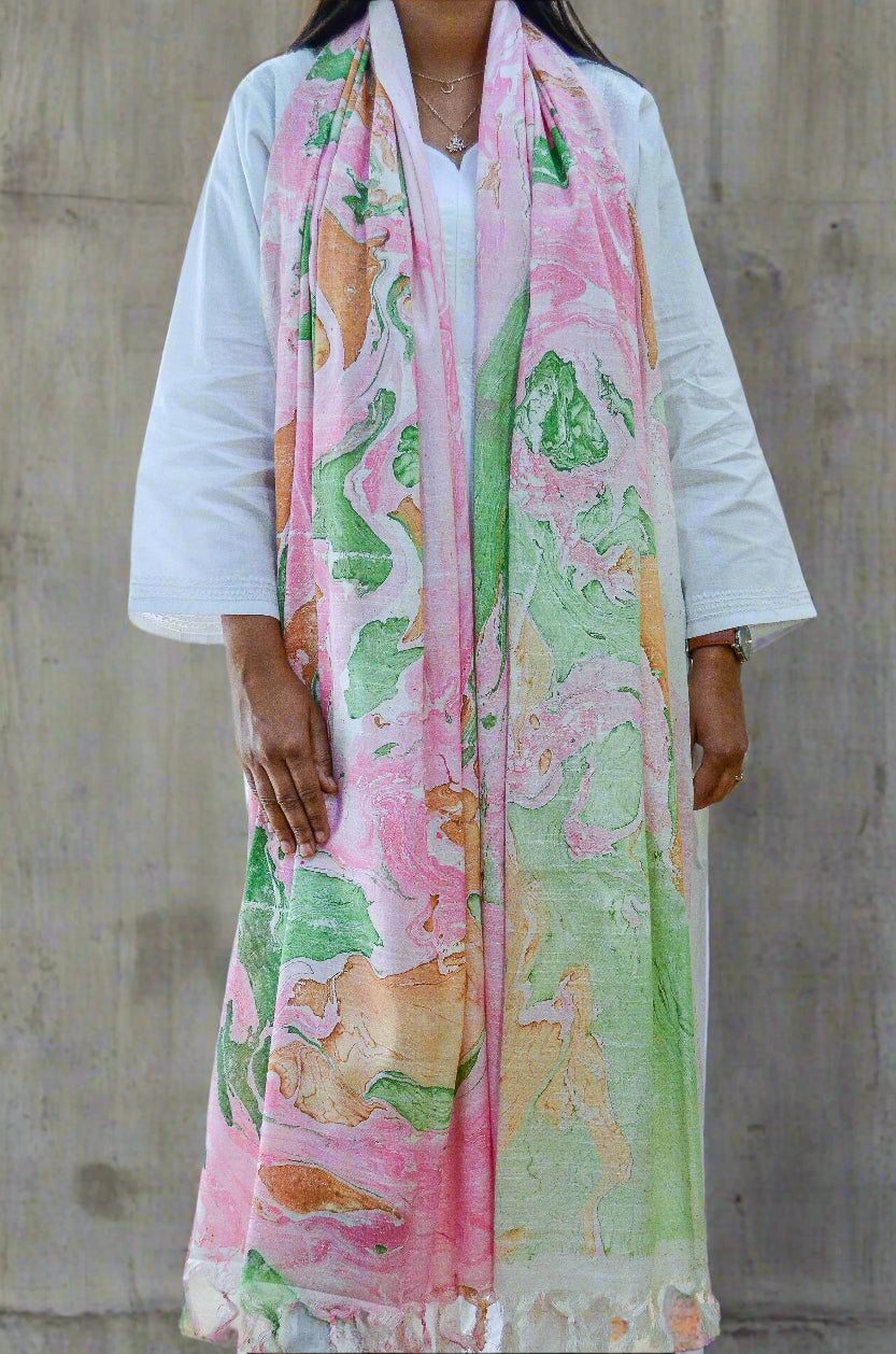 Pinaachi handwoven cotton silk dupatta in vibrant pink, green, and orange patterns, perfect for stylish layering