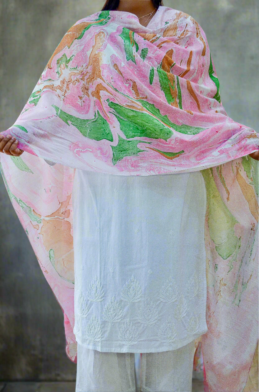 Colorful handwoven cotton silk dupatta draped elegantly over a white outfit