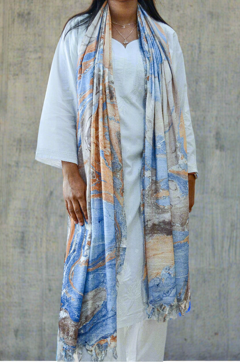 Elegant handwoven cotton silk dupatta in blue and beige shades, perfect for adding style to any outfit