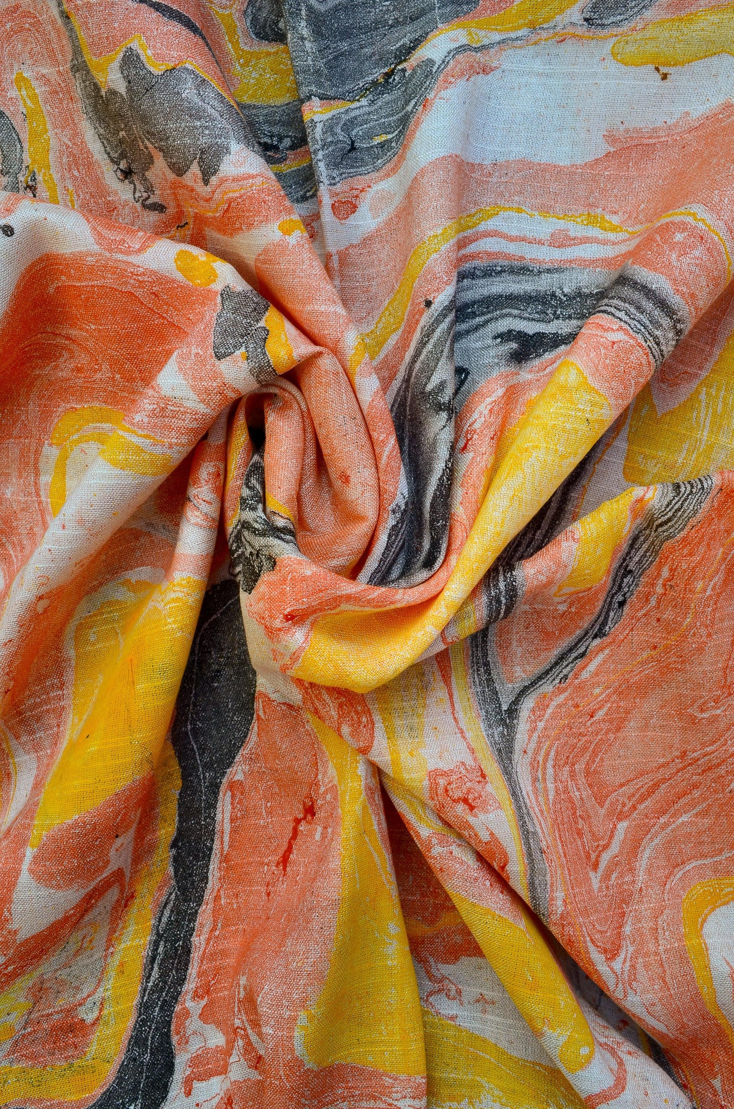 Handwoven cotton silk marble dupatta in vibrant orange and yellow hues with intricate patterns
