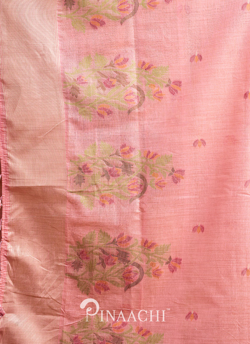 Pinaachi pink jamdani saree with delicate floral patterns and traditional weaving design