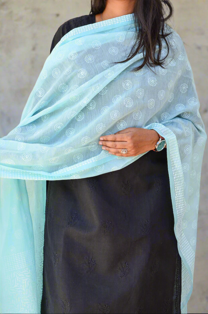 Elegant Khari print Chanderi silk dupatta in light blue, perfect for enhancing traditional outfits