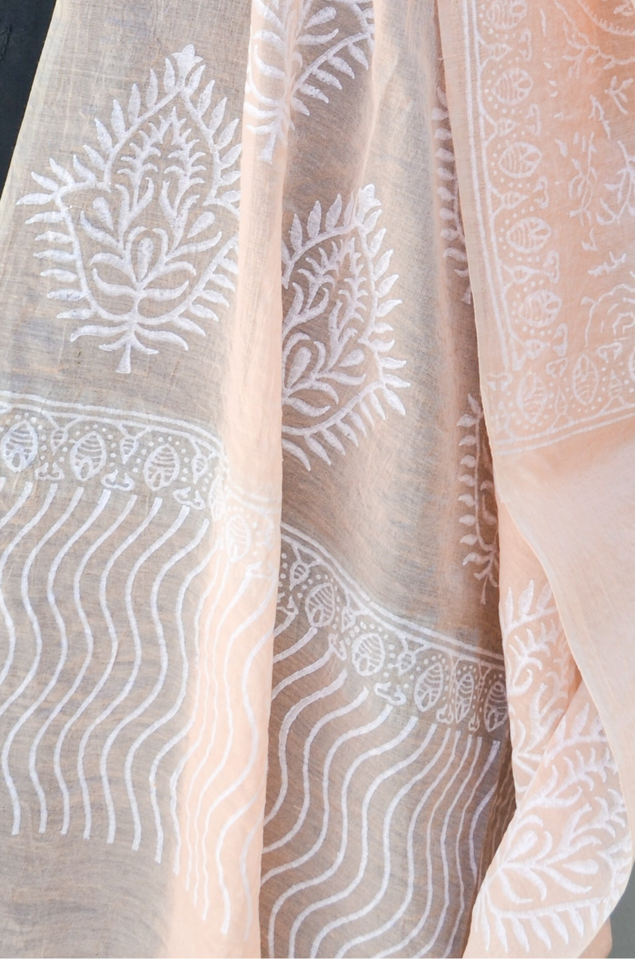 Elegant Khari print Chanderi silk dupatta with intricate white embroidery patterns