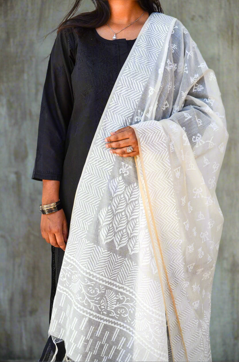 Elegant khari print chanderi silk dupatta in white, draped beautifully with a black outfit