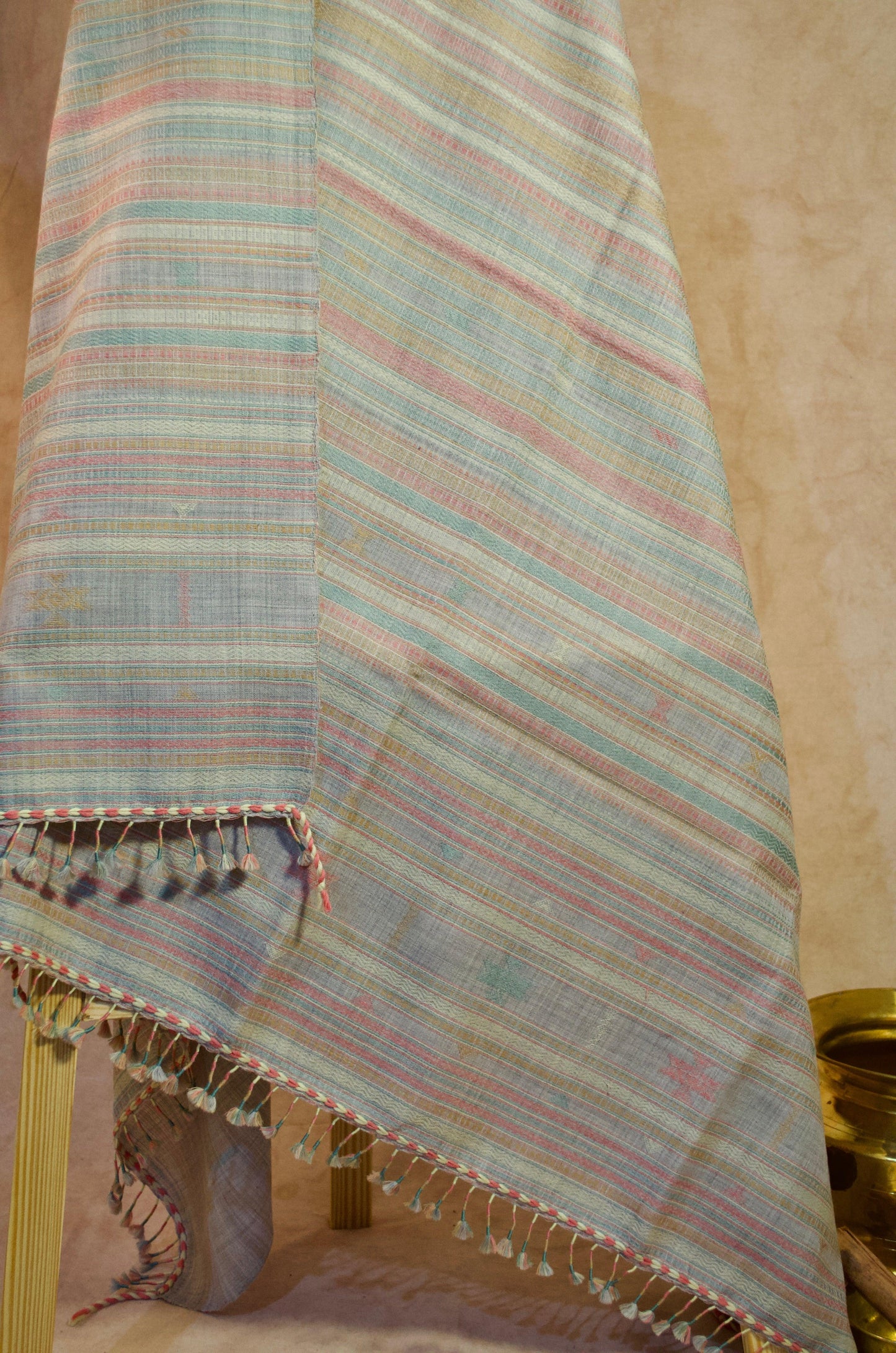 Kutchhi traditional shawl in pastel shades with decorative tassels and intricate weaving details