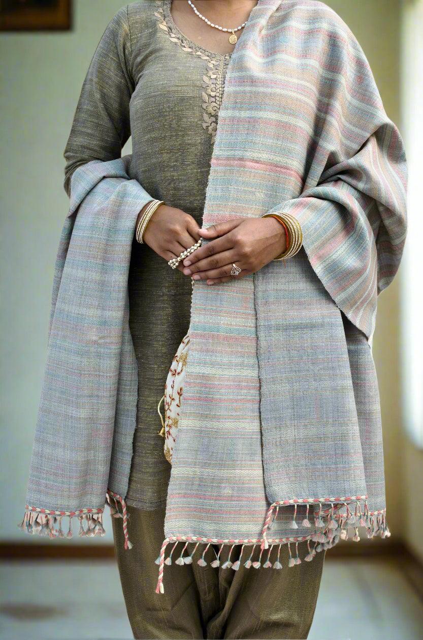 Elegant Kutchhi traditional shawl with beautiful fringed edges, perfect for adding style to any outfit