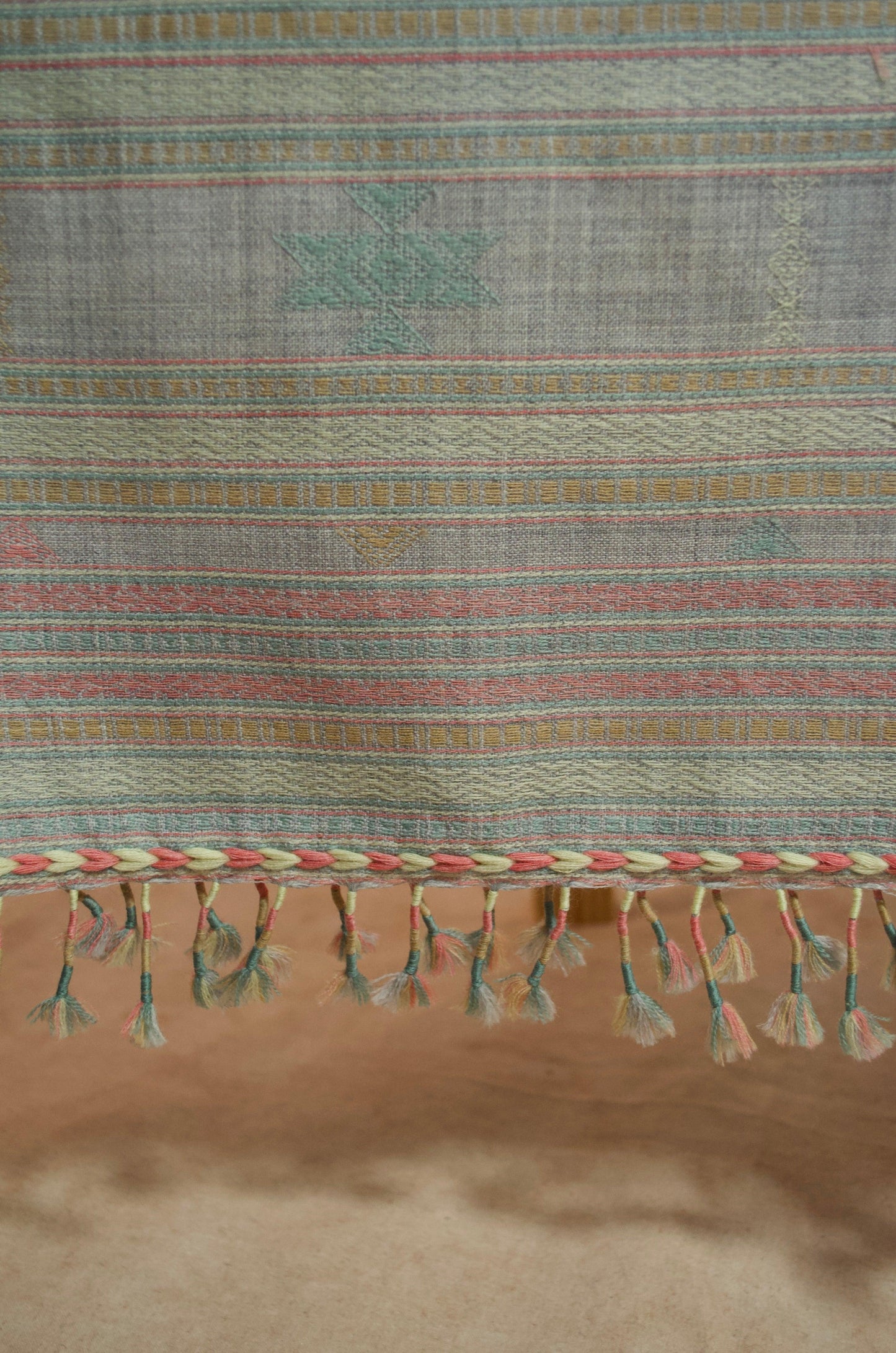 Kutchhi traditional shawl in pastel colors with intricate designs and tassels for stylish appeal