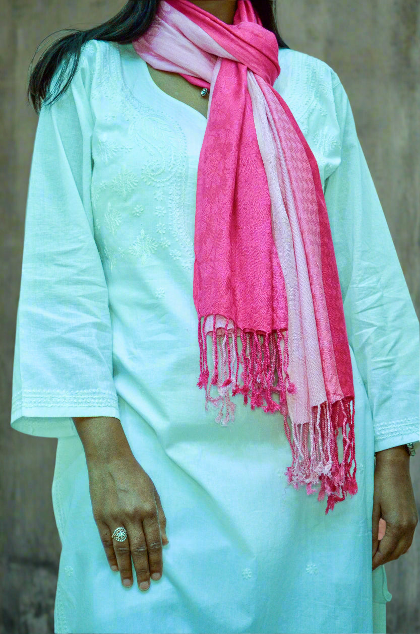 Light pink gradient jacquard stole elegantly draped over a traditional outfit