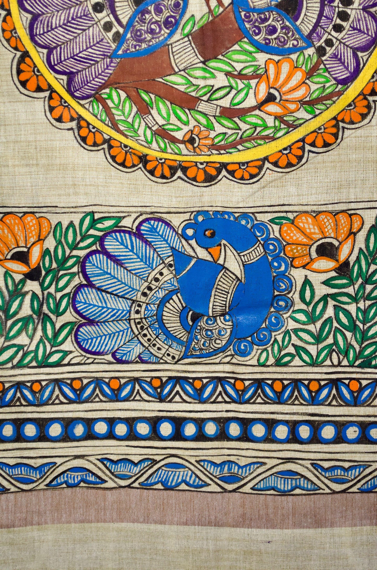 Madhubani hand painted dupatta featuring vibrant colors and intricate designs with floral patterns