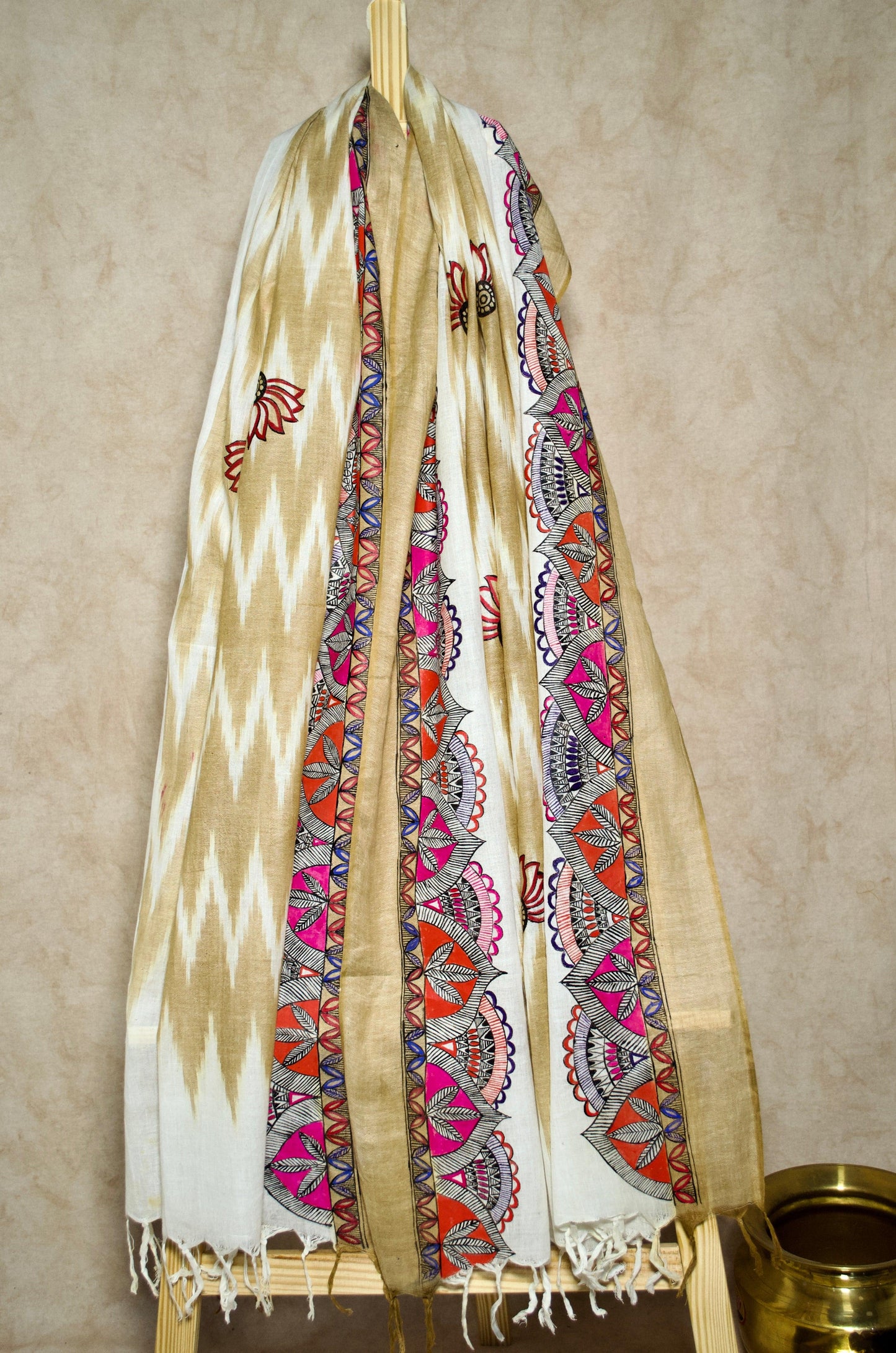 Elegant Madhubani hand painted dupatta featuring vibrant patterns and contrasting colors for versatile styling