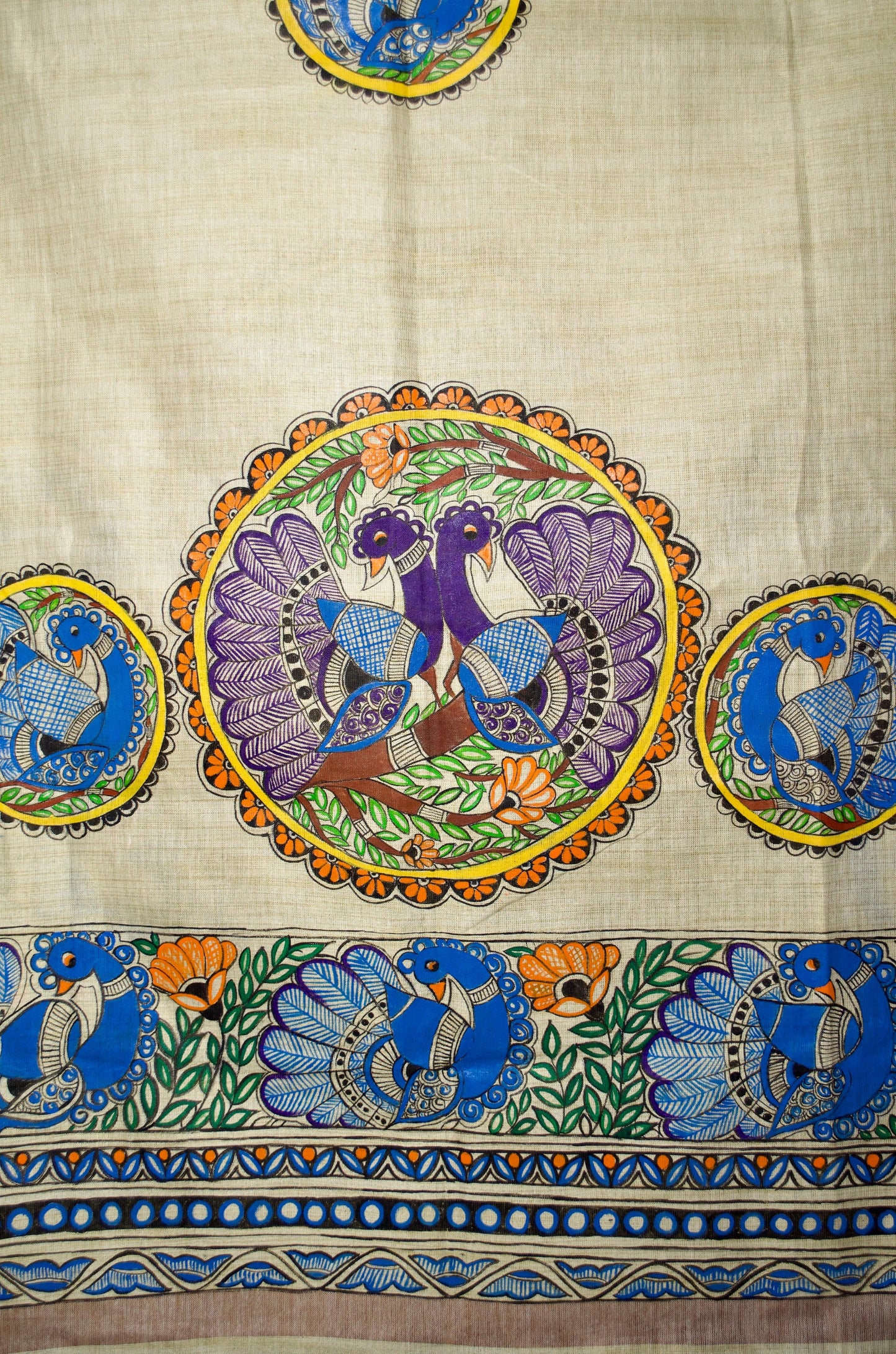 Madhubani hand painted dupatta featuring colorful birds and intricate floral designs on a light background