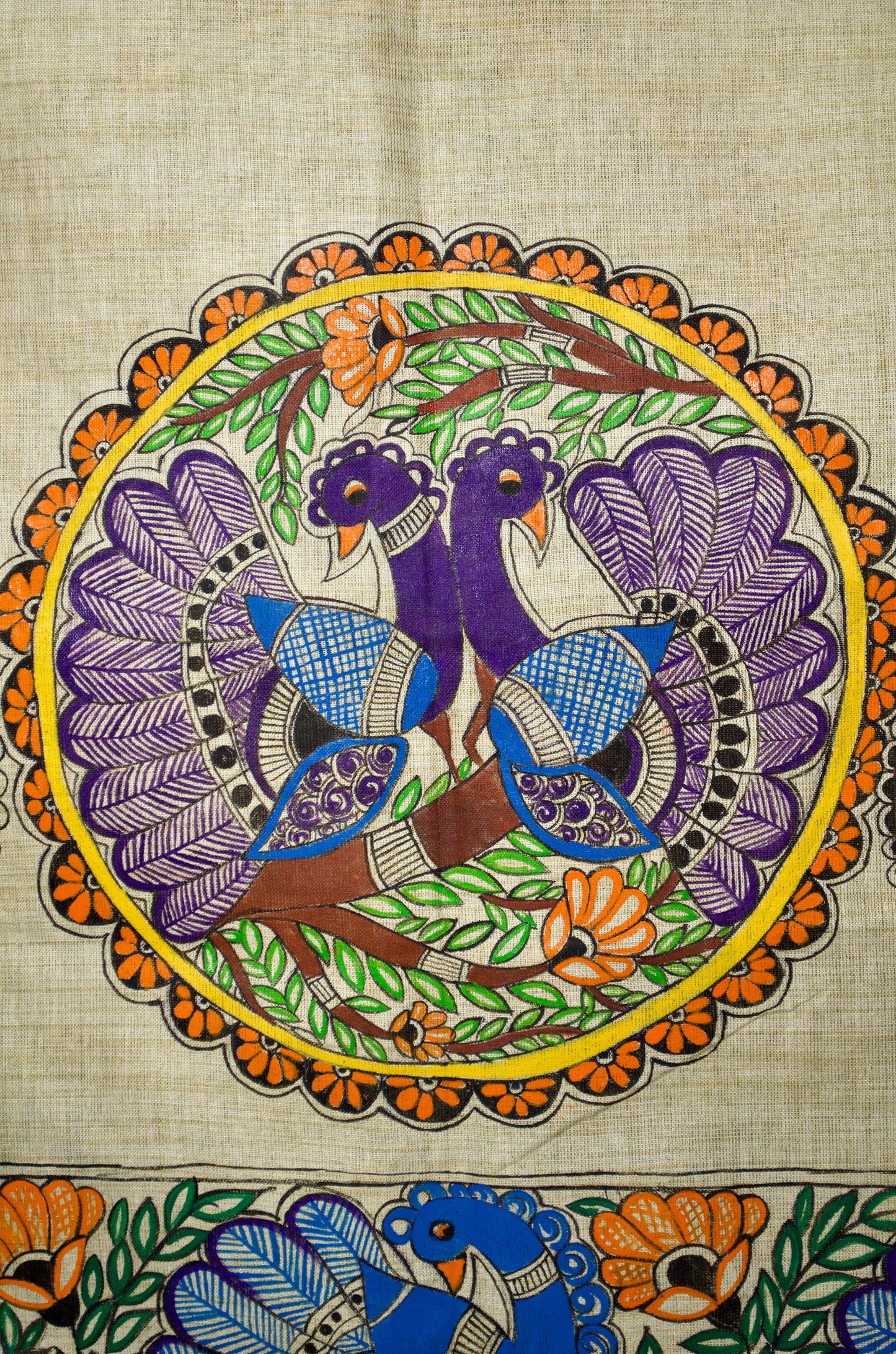 Madhubani hand painted dupatta featuring vibrant peacock designs and floral motifs