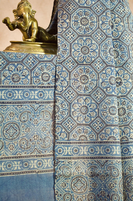 Elegantly designed Merino wool Ajrakh stole featuring traditional patterns in vibrant blue.