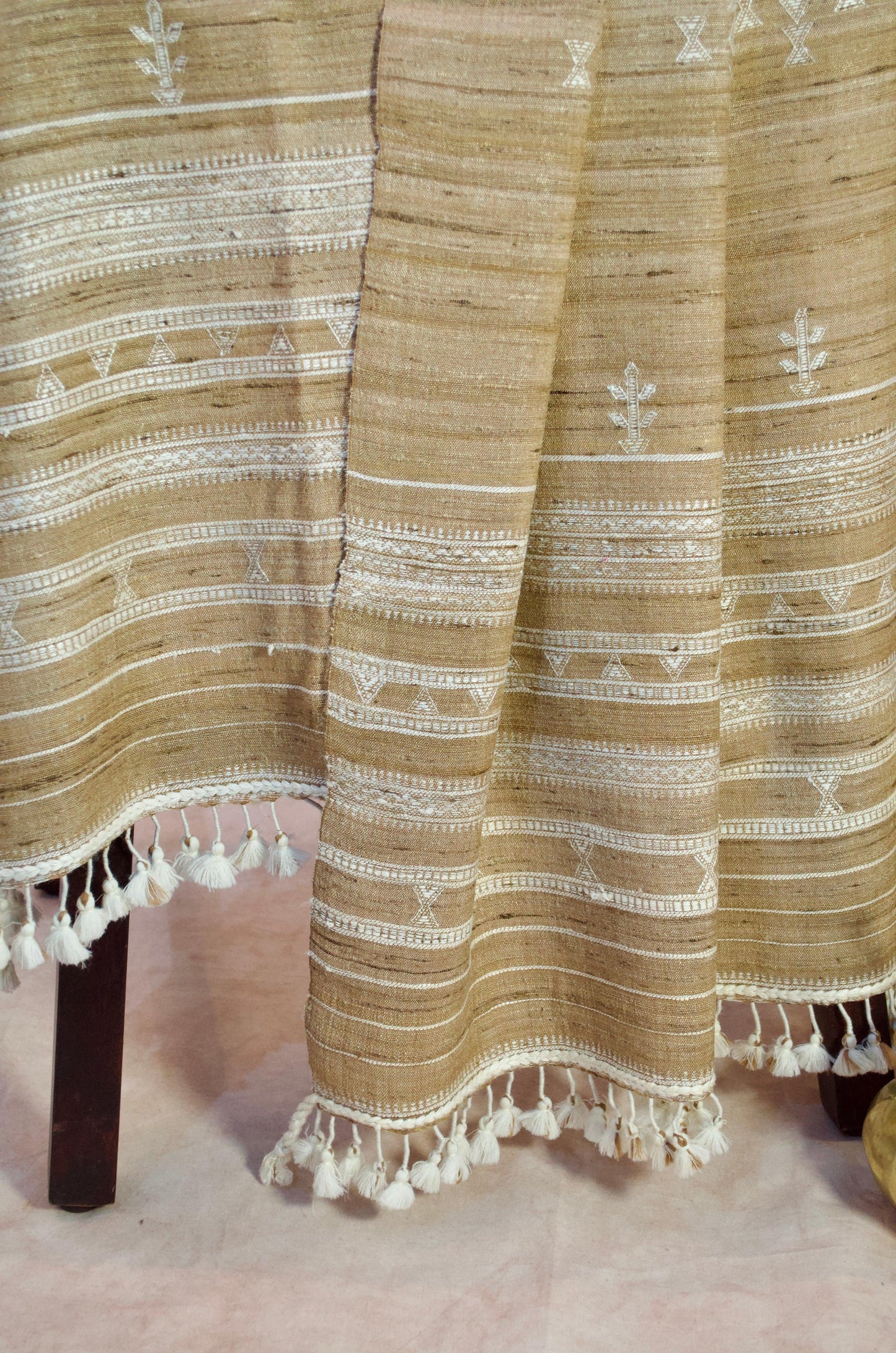 Elegant Merino wool and Tasar silk stole with intricate embroidery and tassel detailing