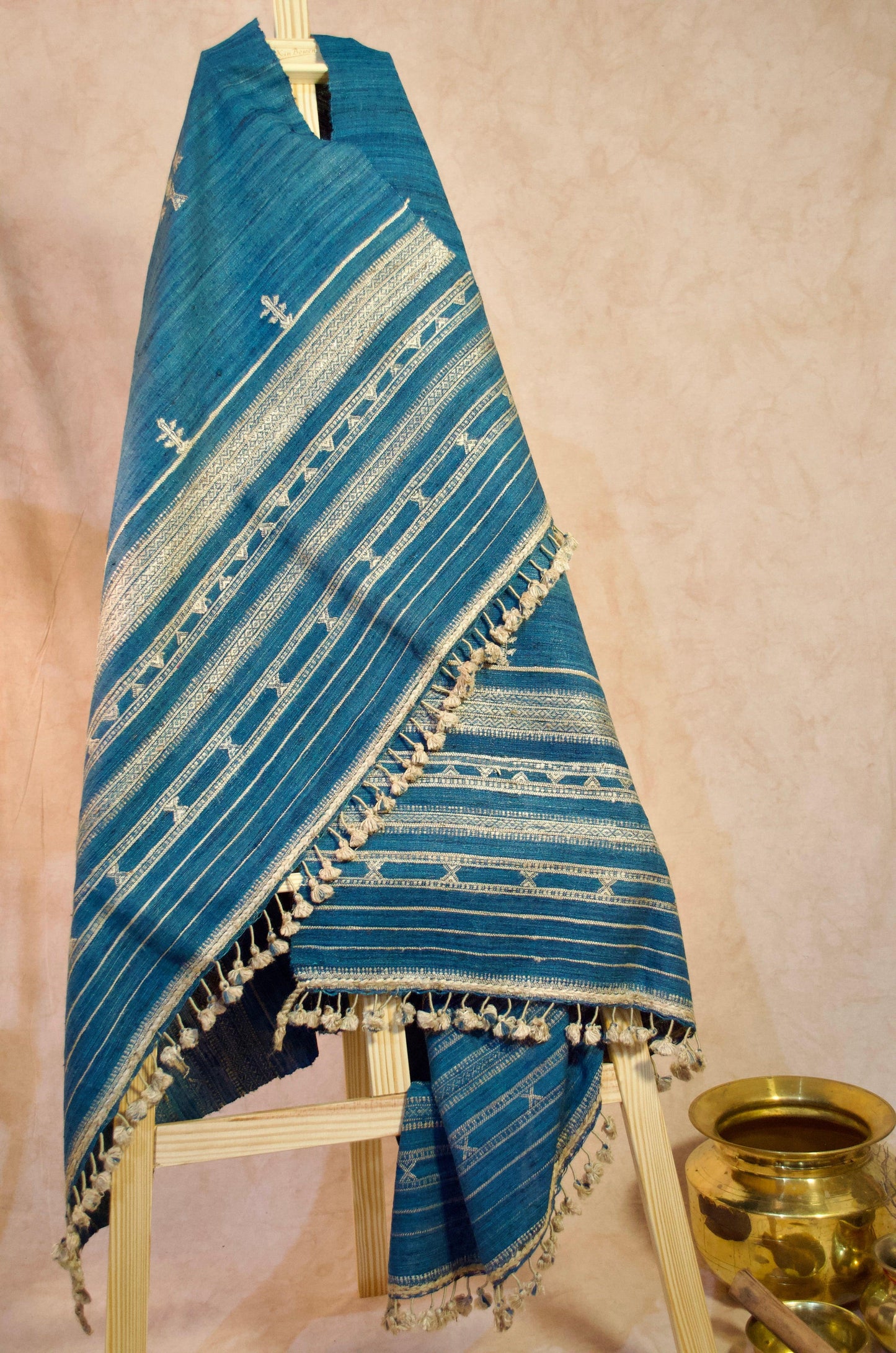 Pankaj Bhimji Vankar Merino wool indigo shawl with intricate patterns and fringed edges