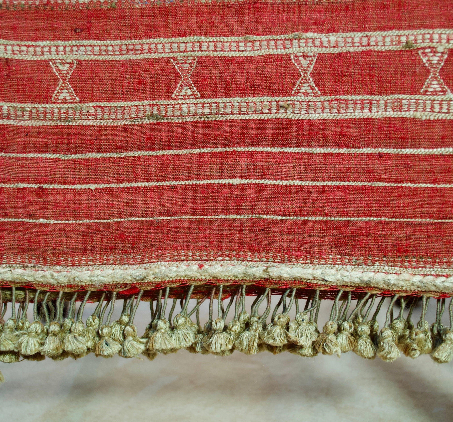 Handcrafted Merino wool Tasar silk stole in red with intricate designs and tassels