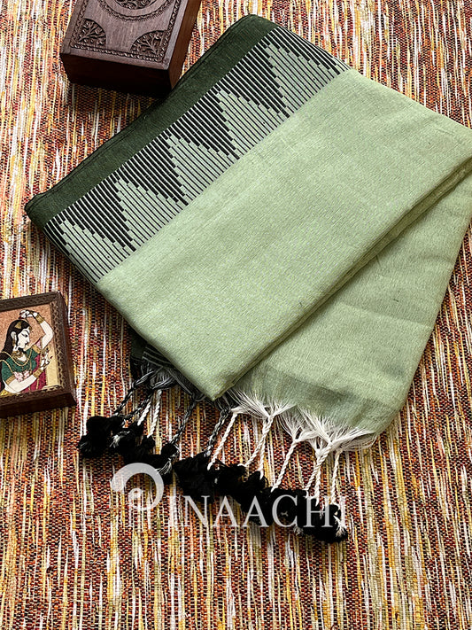 Pinaachi sage green cotton saree with intricate patterns and tassels for elegant styling