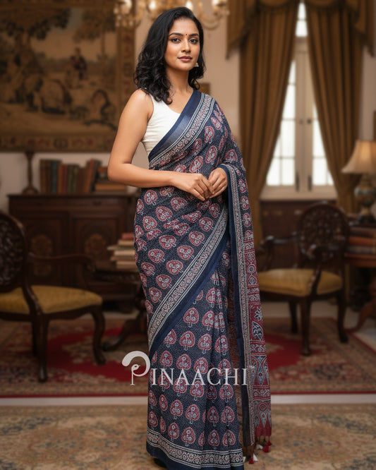 Pinaachi navy-blue Ajrakh saree in cotton fabric with intricate floral patterns