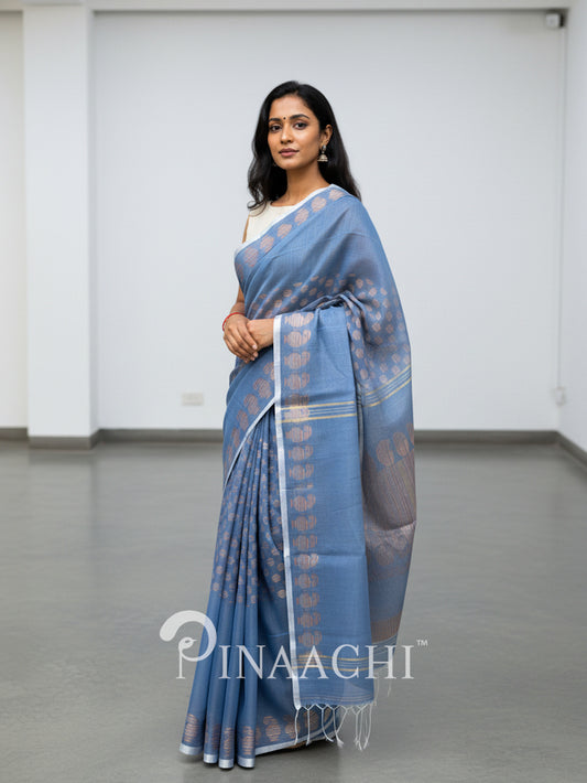 Pinaachi blue Jamdani cotton silk saree with intricate designs and elegant draping for special occasions