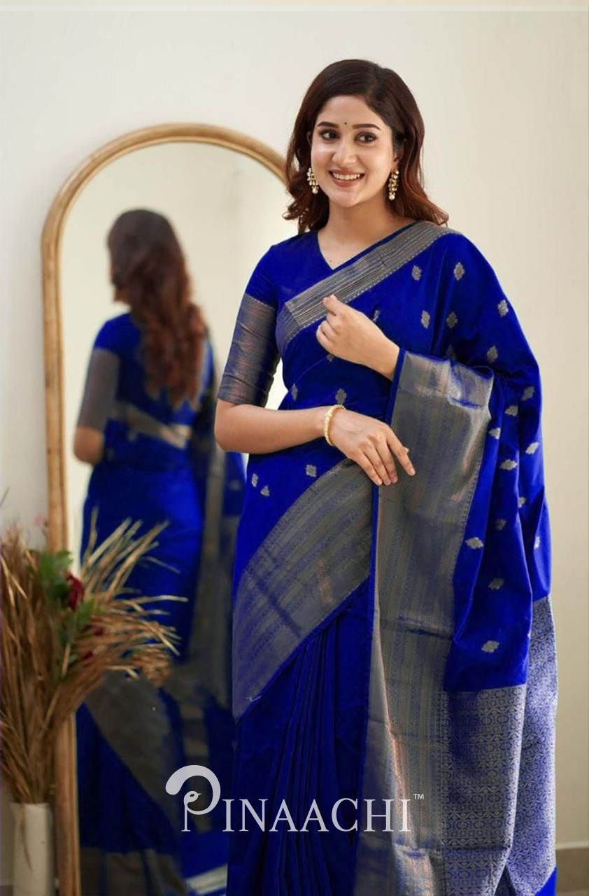 Woman wearing Pinaachi Blue Litchi Silk Saree with silver border and traditional design posing near mirror