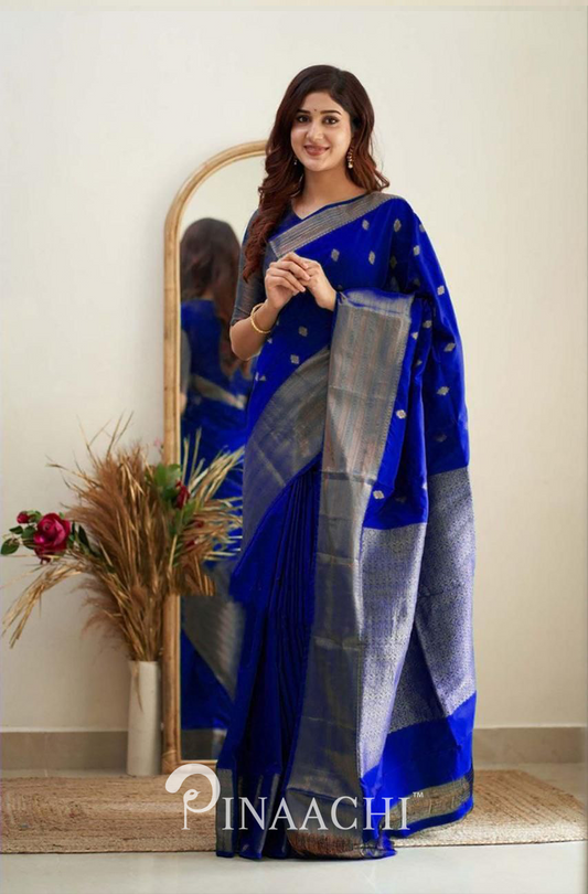 Woman wearing Pinaachi Blue Litchi Silk Saree with silver patterns and border standing indoors