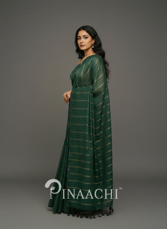 Pinaachi handloom bottle green saree crafted with fine silk and elegant stripes
