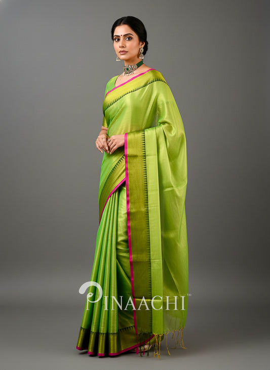 Pinaachi handloom tissue silk saree in vibrant green with pink borders and elegant drape for special occasions