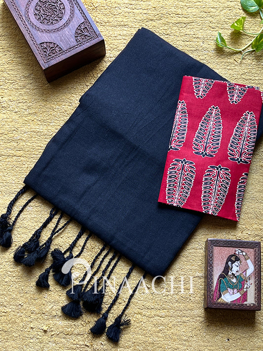 Handspun black cotton saree by Pinaachi with elegant tassels for traditional wear