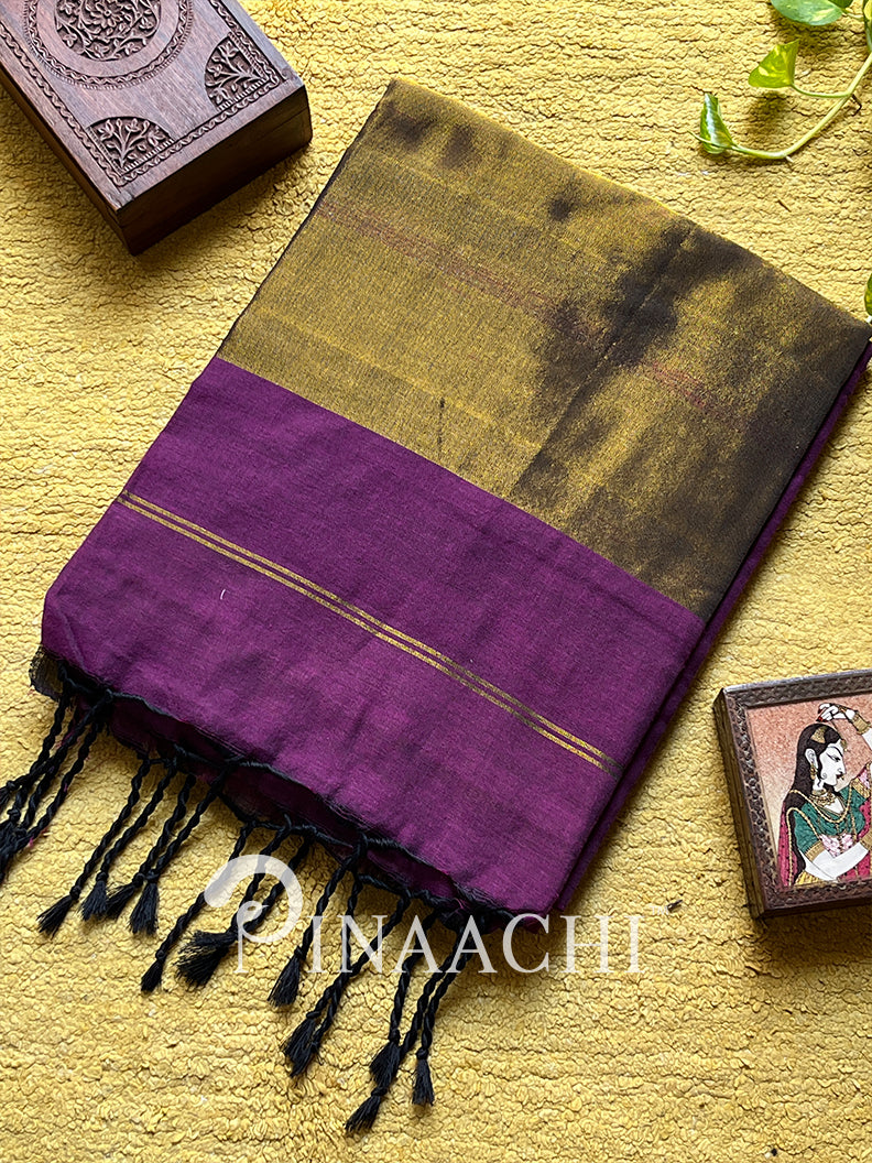 Handspun orchid purple cotton saree with intricate patterns and fringed edges