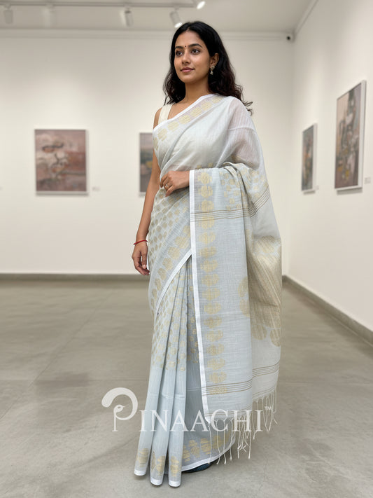 Pinaachi light blue handloom jamdani saree with delicate floral patterns and elegant drape