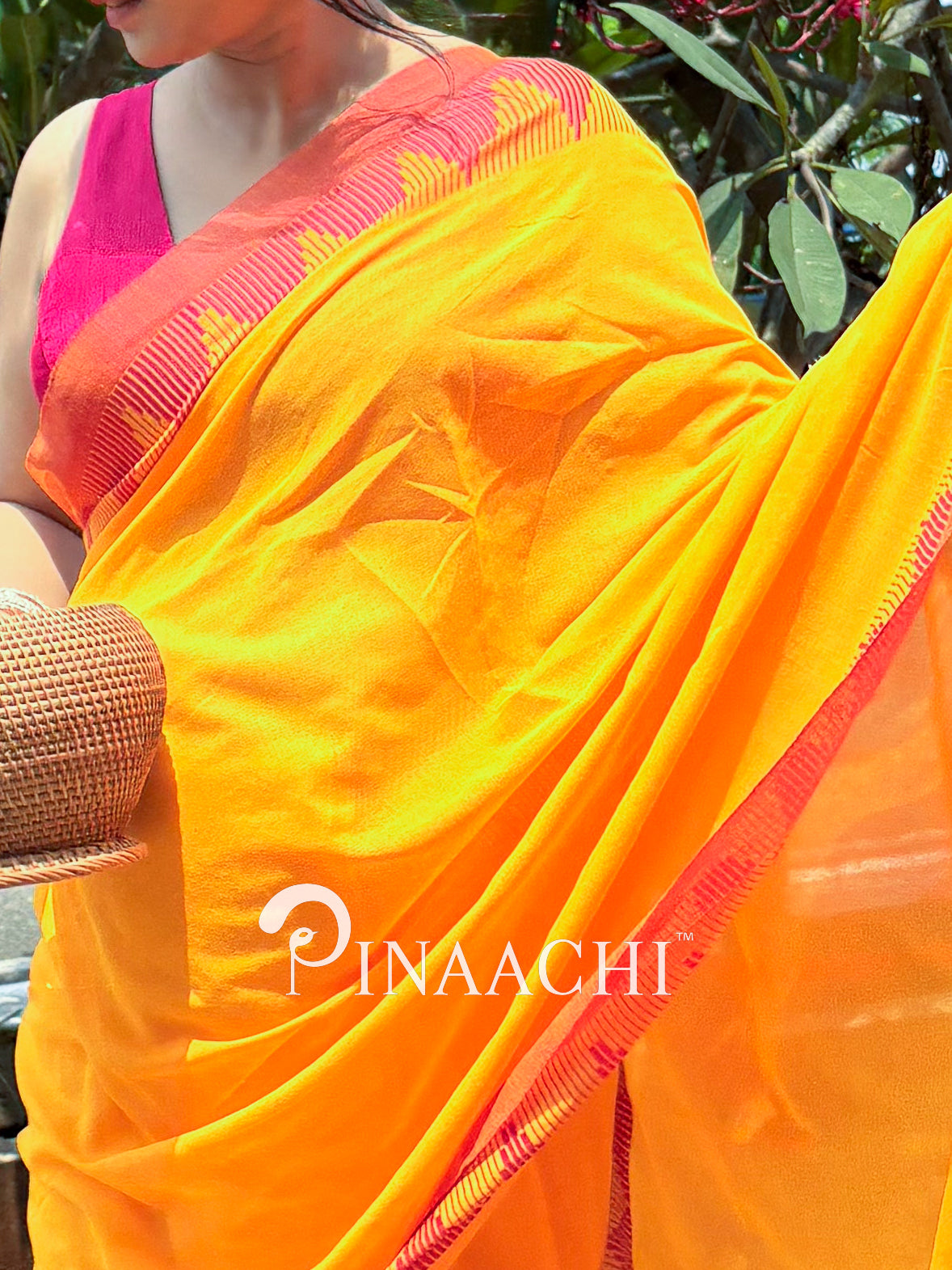 Mustard yellow cotton saree from Pinaachi with elegant border design, perfect for festive occasions