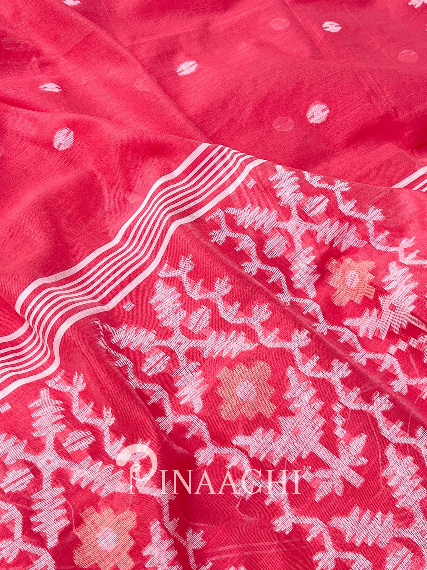 Pinaachi pink cotton silk jamdani saree with floral patterns and intricate weaving