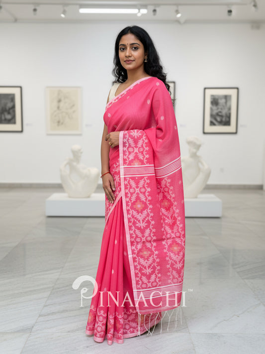 Pinaachi pink cotton silk jamdani saree with intricate floral patterns and elegant drape