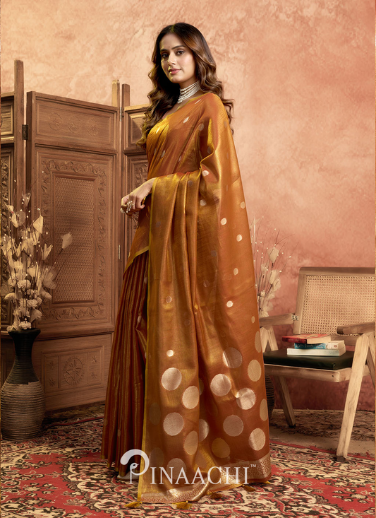 Elegant Pinaachi polka tissue silk saree in golden brown with large polka dots worn by model