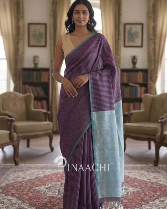 Pinaachi purple cotton saree with a contrasting blue border for elegant styling