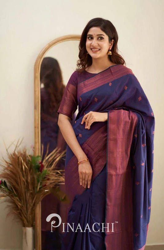 Woman wearing Pinaachi Purple Litchi Silk Saree standing indoors with mirror and plants in the background