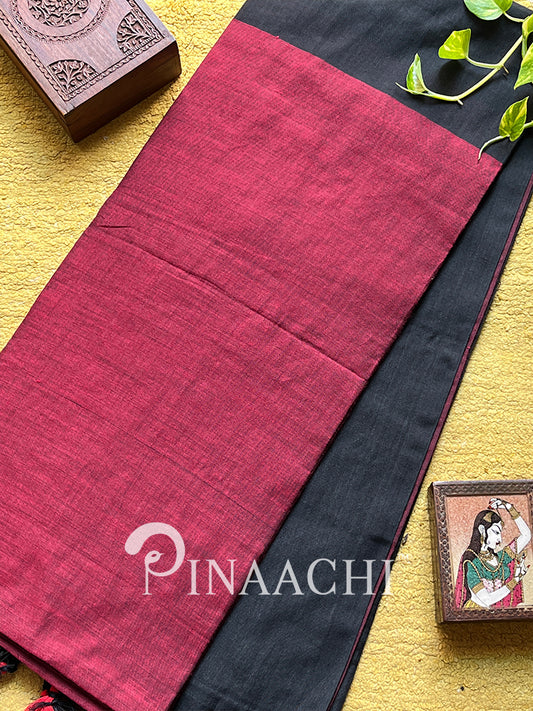 Red dual color cotton saree by Pinaachi featuring a stylish design and comfortable fabric
