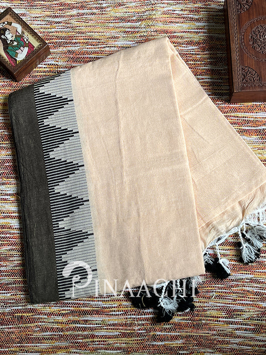 Handspun ivory cream cotton saree with artistic border design and decorative tassels