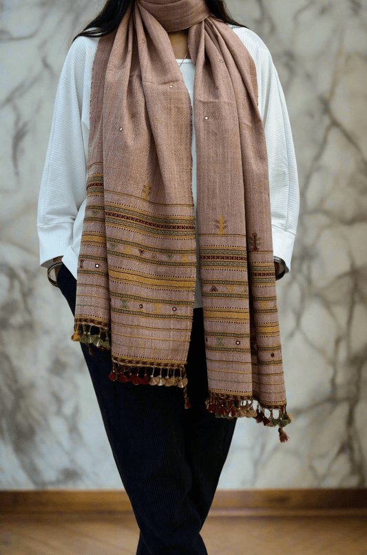 Pure Merino Wool Mirror Stole in light brown with intricate embroidery and tassels for stylish warmth